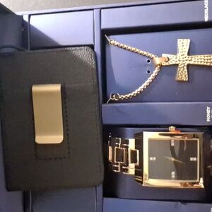 Gold and Black Watch, Necklace, and Money Clip Set